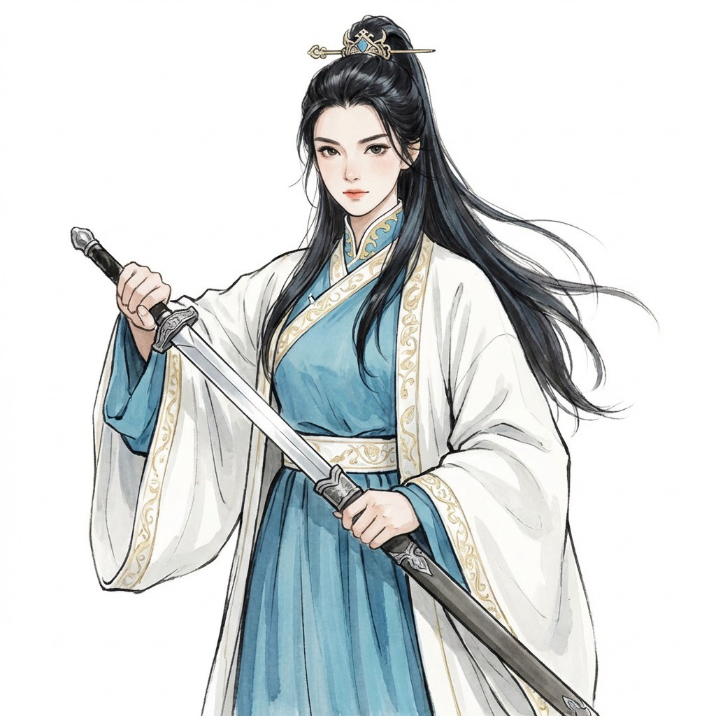 人物1（是女性）拿剑站着，面貌俊美，神色英气十足，剑刃是银白色，水墨风，无文字.jpg